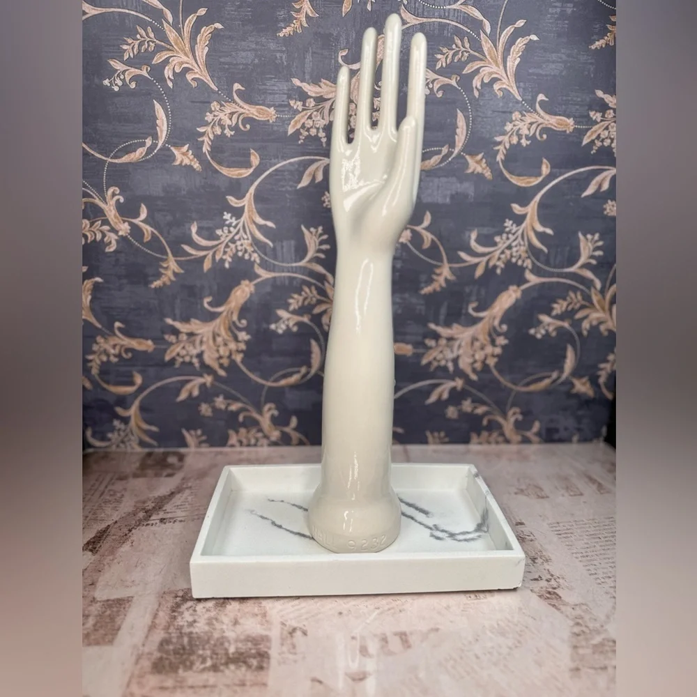 Vintage Glove Mold Hand Jewelry Holder Marble Base 5.5” Hall 9232